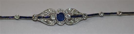 An attractive 1920s gold and platinum, sapphire and diamond bracelet, approx. 17cm.
